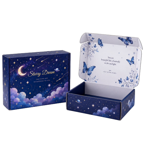 This magical custom corrugated shipping mailer box features gorgeous galaxy artwork printed on the outer surface with moon shooting stars planets and fluffy cloud decorations. The inner flap is uniquely printed with blue butterflies and warm greeting words to bring extra surprise when opening the parcel. Thick corrugated cardboard provides stable buffer protection for your products during delivery. The carton is crafted from eco friendly recyclable paper material. We offer full customization on surface prints inner lining patterns colors sizes and brand logos. It fits well for birthday gifts cosmetic goods handmade retail items and fantasy themed party favors.