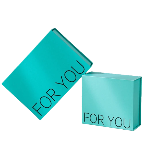 This fashionable custom rigid magnetic gift box features smooth matte turquoise outer surface. Simple black FOR YOU letter printing adds warm modern aesthetic to the plain box. Hidden magnet ensures firm closure and convenient repeated opening. Thick high quality rigid cardboard maintains stable box shape and delivers premium touch feeling. You can customize slogan content logo printing surface colors inner lining and box dimensions. It fits well for birthday gifts wedding favors cosmetic sets surprise presents and modern boutique retail packaging.