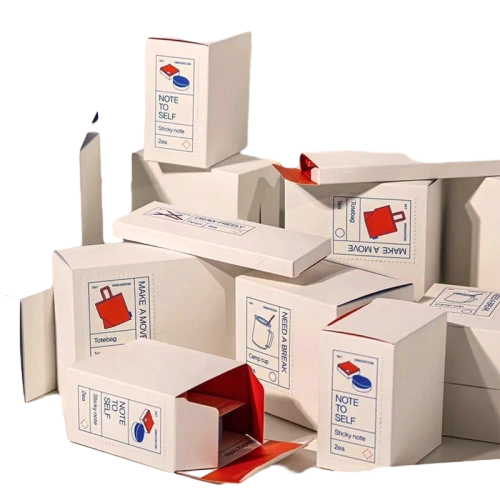 This series of custom cardboard boxes comes in multiple square and slim rectangular sizes with clean white outer surface. Delicate stamp style labels with blue icons and descriptive text are printed on the front panel. Bright red inner lining creates a sharp pleasant color contrast when the box is opened. Standard tuck top foldable construction allows flat packing for lower shipping cost. High quality thick cardboard offers stable protection for stationery gifts small daily goods and office accessories. You can modify box dimensions graphic illustrations printed wording inner lining color and brand logo. It fits well for sticky note sets small office supplies creative gifts retail merchandise and handmade product packaging.