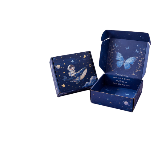 This lovely custom corrugated shipping mailer box is covered with dreamy starry galaxy prints on the outer surface. The outer artwork features a cute astronaut riding a giant whale surrounded by stars moons planets and soft clouds. The inner flap is printed with beautiful blue butterfly pattern and warm inspirational words to create a wonderful surprise while opening. Thick corrugated cardboard provides stable buffer protection for your products during delivery. The carton is crafted from eco friendly recyclable paper material. We offer full customization on surface prints inner lining patterns colors sizes and brand logos. It fits well for children birthday gifts cosmetic goods handmade retail items and dream themed party favors.