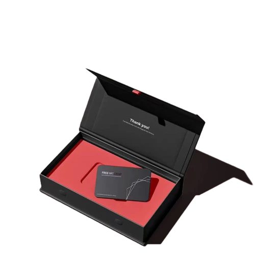 This high end custom rigid magnetic gift box adopts stylish black exterior and bright red interior foam lining. Precision cut foam insert provides fixed slot space to hold cards firmly. Thank you text can be printed on the inner side of lid for warm brand expression. Hidden magnetic strip delivers smooth opening and secure closing. Thick sturdy rigid board brings solid luxury hand feel. You can customize outer artwork logo printing foam cutout shapes inner colors and box sizes. It fits well for membership card packages business client gifts voucher sets premium souvenir presents and corporate brand promotional packaging.