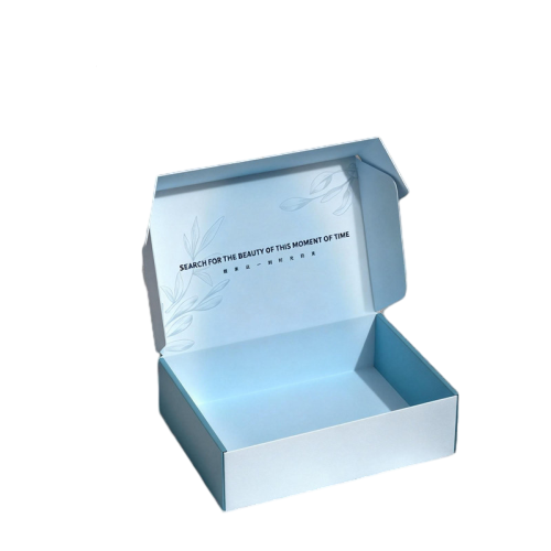 This minimalist custom corrugated shipping mailer box adopts clean white outer surface and soft light blue interior. The inner flap is decorated with faint leaf outlines and elegant inspirational greeting words which bring a refined surprise feeling after opening. Thick corrugated cardboard provides stable buffer protection for your products during delivery. The carton is crafted from eco friendly recyclable paper material. We offer full customization on surface prints inner lining patterns colors sizes and brand logos. It fits well for cosmetic gifts skincare sets handmade retail goods and high end present shipments.