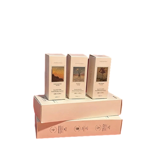 This tall slim custom cardboard box is made with soft light beige paper as outer background. Elegant vintage landscape painting graphic is displayed inside a framed layout on the front panel together with product name and descriptive text. The bottom side of the long box can be printed with simple functional icons for product instructions. Standard tuck top foldable design supports flat shipment to cut logistics cost. Thick stable cardboard provides full protection for tall glass bottles of essential oil aromatherapy liquid and skincare serums. You can adjust artwork patterns printed text box height and add your exclusive brand logo. It fits well for essential oil bottles aromatherapy supplies fragrance liquids skincare serums and premium beauty gift packaging.