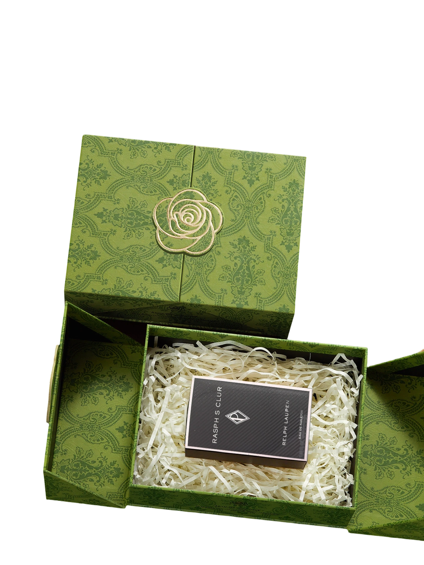 This exquisite double door custom rigid magnetic gift box is covered with elegant vintage green damask pattern. A delicate gold embossed rose decoration sits on the top cover to upgrade the luxury appearance. White shredded paper filler inside can well protect perfume bottles cosmetics and other fragile goods. Hidden magnetic closure keeps both side lids firmly shut. Thick premium rigid cardboard offers solid structure and high grade touch feeling. You can customize surface artwork embossed patterns brand logos inner decorations and box sizes. It fits well for perfume sets skincare gifts wedding favors anniversary presents and luxury boutique brand packaging.