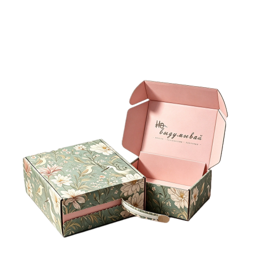 This fresh custom corrugated shipping mailer box is covered with delicate vintage botanical prints of white flowers plants and swans on the outer surface. The inner side of the box flap adopts soft solid pink color with elegant handwritten greeting text to bring warm surprise upon opening. Thick corrugated cardboard provides stable buffer protection for your products during delivery. The carton is crafted from eco friendly recyclable paper material. We offer full customization on surface prints inner lining patterns colors sizes and brand logos. It fits well for birthday gifts cosmetic goods handmade retail items and spring themed party favors.