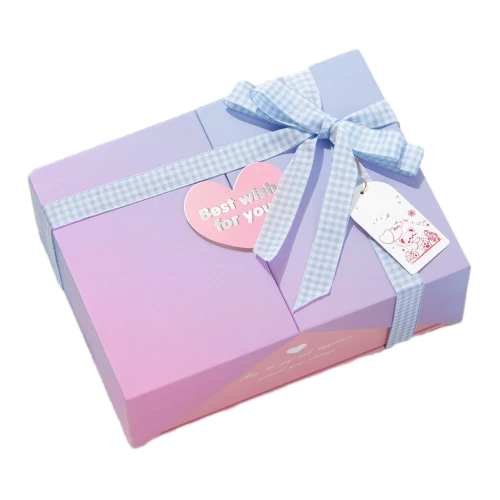 This lovely double opening custom rigid magnetic gift box features soft pastel purple and pink color matching. Light blue gingham ribbon is wrapped around the box and tied into a beautiful bow. You can attach heart shaped greeting label and cute paper hang tag to add warm festive atmosphere. Built in magnet ensures tight closure for the two side flaps. Thick rigid cardboard provides stable box structure and smooth surface. You can customize box color ribbon style tag artwork brand logo and outer dimension. It fits well for birthday gifts baby shower favors anniversary surprise presents cosmetic gift sets and sweet celebration packaging.