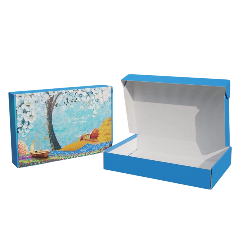 This artistic custom corrugated shipping mailer box is decorated with beautiful oil painting scenery on the outer surface including blooming trees small boat and warm countryside landscape. The specially for you greeting text adds thoughtful feeling for gift receivers. The box body edge adopts bright blue color while the inside lining keeps clean white. Thick corrugated cardboard provides stable buffer protection for your products during delivery. The carton is crafted from eco friendly recyclable paper material. We offer full customization on surface prints inner lining patterns colors sizes and brand logos. It fits well for birthday gifts cosmetic goods handmade retail items and art themed party favors.