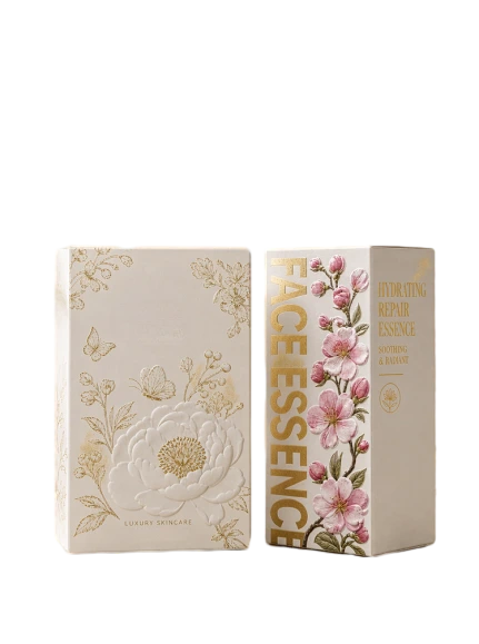 This tall slim custom cardboard box is built with elegant offwhite paper base. One version features delicate embossed peony and butterfly patterns decorated with fine gold foil outlines. The other design presents vivid pink cherry blossom illustrations matched with large vertical gold lettering. Multiple sides can be printed with product descriptions function texts and decorative patterns. Standard tuck top foldable design supports flat shipment to reduce transport cost. Thick rigid cardboard provides reliable protection for glass essence bottles and skincare containers. You are allowed to adjust embossed artwork floral colors foil printing content and brand logo. It fits well for facial essence serums facial oil bottles luxury skincare sets and high end cosmetic gift packaging.