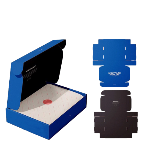 This modern custom corrugated shipping mailer box features vibrant solid blue outer surface. The inner side of the lid is printed in black with brand text while the base can be matched with custom printed filler paper. This two tone inside and outside design greatly upgrades your brand unboxing experience. Thick corrugated cardboard provides stable buffer protection for your products during delivery. The carton is crafted from eco friendly recyclable paper material. We offer full customization on surface prints inner lining patterns colors sizes and brand logos. It fits well for cosmetic gifts skincare sets beauty subscription boxes and high end retail shipments.
