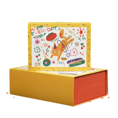 This rectangular slide drawer custom cardboard box comes with bright yellow outer shell and warm orange inner lining. The top lid is fully printed with lively hand drawn artwork including cartoon cat fruit flower sun and cheerful slogan text. Vibrant multi color printing creates a playful and joyful atmosphere perfect for surprise gifts. Smooth sliding drawer design allows easy opening and closing. Sturdy thick cardboard maintains stable box shape during delivery. You can adjust outer color inner lining color illustration elements slogan words and add exclusive brand logo. It fits well for birthday gifts holiday presents snack sets handmade treats kids surprises and creative souvenir packaging.