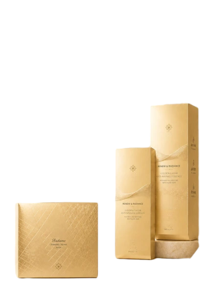 This series of custom cardboard boxes comes in square and tall slim sizes with elegant golden surface finish. Subtle geometric grid lines and soft wave texture patterns add delicate high end visual effect. Product name function description and small flower logo can be printed clearly on outer panels. Standard tuck top foldable design supports flat shipment to cut shipping expense. Thick and durable cardboard offers full protection for glass essence bottles cream jars and skincare sets. You can modify surface texture printed texts logo pattern and outer dimensions. It fits well for anti wrinkle essence anti aging serum face cream containers luxury skincare kits and highend beauty gift packaging.