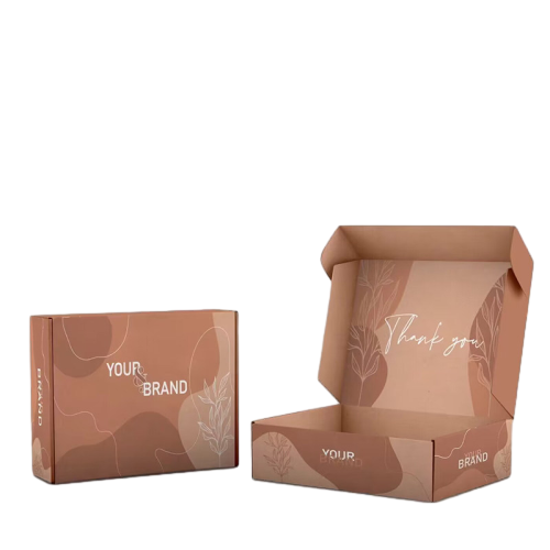 This earth tone custom corrugated shipping mailer box is decorated with soft abstract curved shapes and delicate line art leaf patterns on both outer surface and inner flap. Elegant thank you script text is printed inside to deliver sincere gratitude to your customers. Reserved brand area allows you to add your own logo and brand name freely. Thick corrugated cardboard provides stable buffer protection for your products during delivery. The carton is crafted from eco friendly recyclable paper material. We offer full customization on surface prints inner lining patterns colors sizes and brand logos. It fits well for skincare sets cosmetic gifts handmade goods and boutique retail shipments.