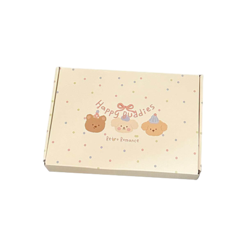 This lovely custom corrugated shipping mailer box comes with soft cream background decorated with colorful tiny polka dots. The surface is printed with adorable cartoon bear and dog characters together with warm greeting words. The sweet playful design brings cheerful feeling for gift receivers. Thick corrugated cardboard provides stable buffer protection for your products during delivery. The carton is crafted from eco friendly recyclable paper material. We offer full customization on surface prints inner lining patterns colors sizes and brand logos. It fits well for stationery gifts fashion accessories handmade goods and cute themed retail shipments.